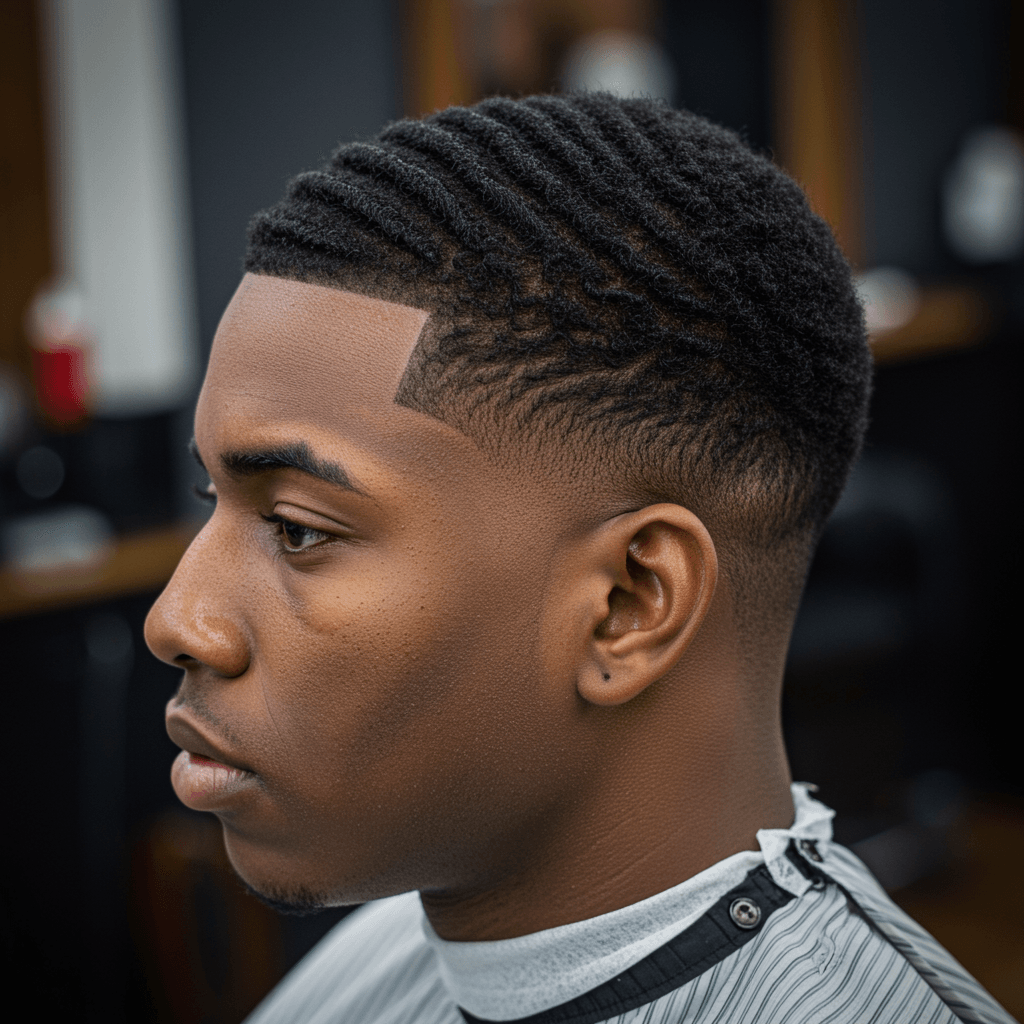 360 waves with a low taper fade, showcasing a stylish and textured hairstyle for men.