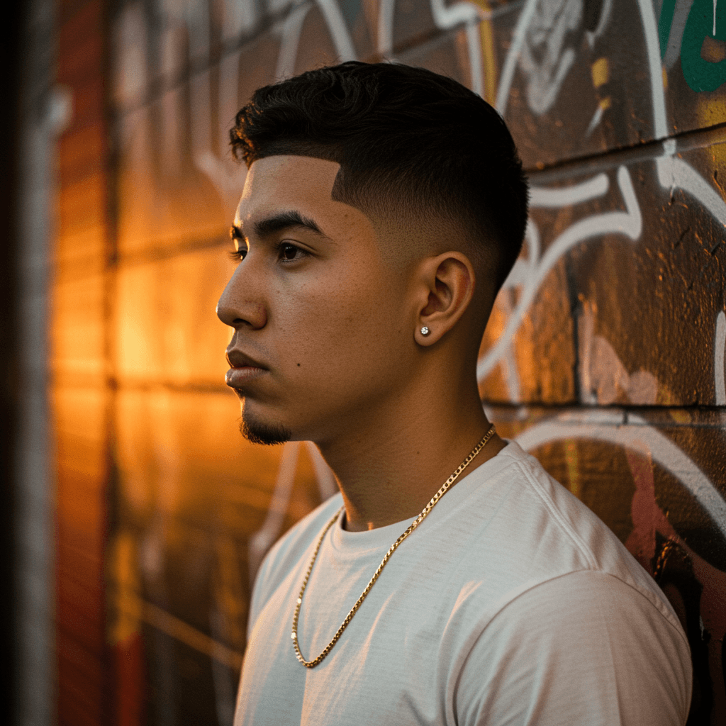 Low taper fade with a buzz cut and a creative design on the sides, adding a unique touch.