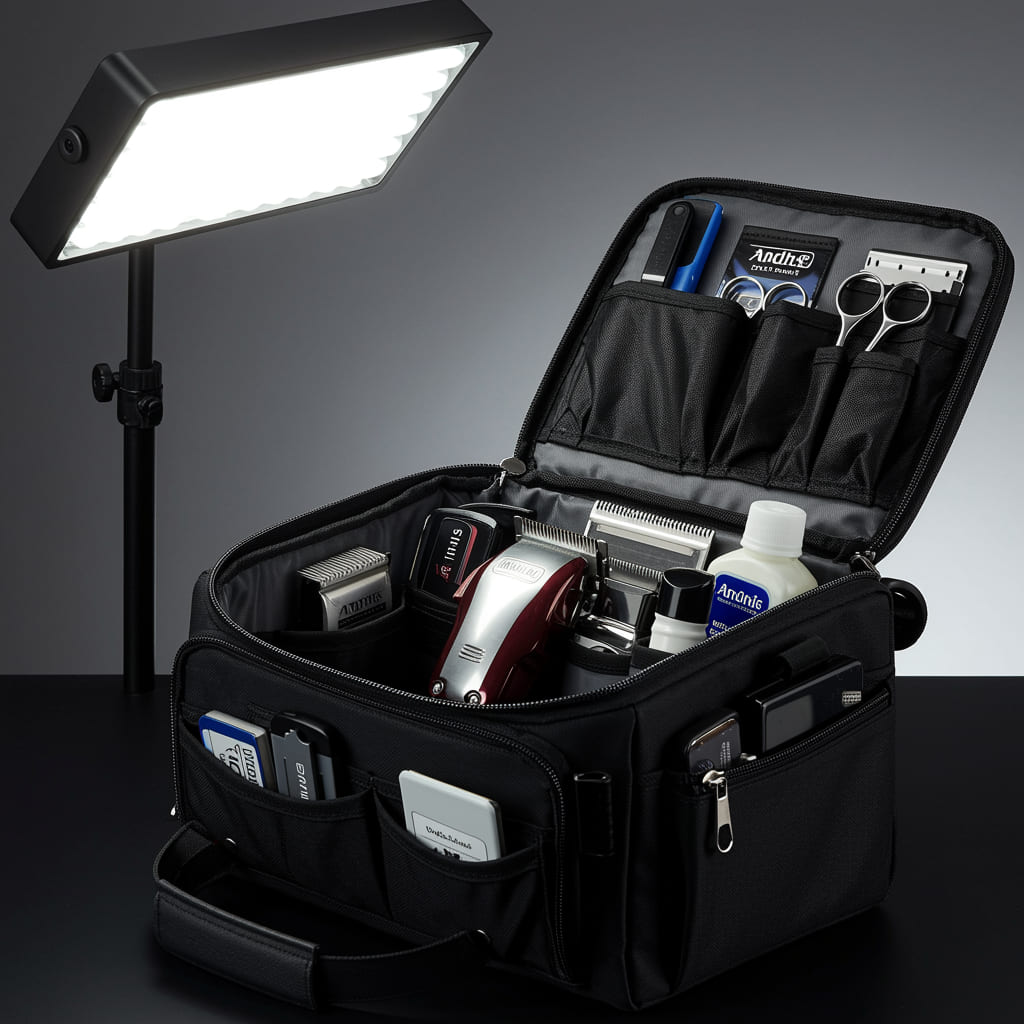 Best Barber Bag | Choose the Perfect One Pro Reviews 3 Professional barber clipper bag with padded compartments, holding Wahl/Andis clippers, trimmer, blades, and accessories, designed for secure storage and portability.