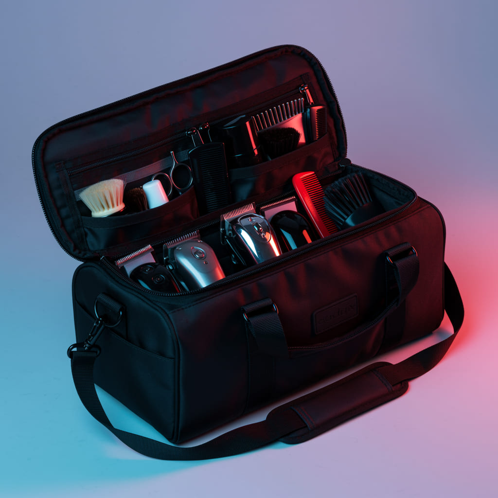Best Barber Bag | Choose the Perfect One Pro Reviews 2 Black professional barber travel bag with multiple compartments, holding clippers, trimmers, scissors, and grooming products, ideal for mobile barbers.