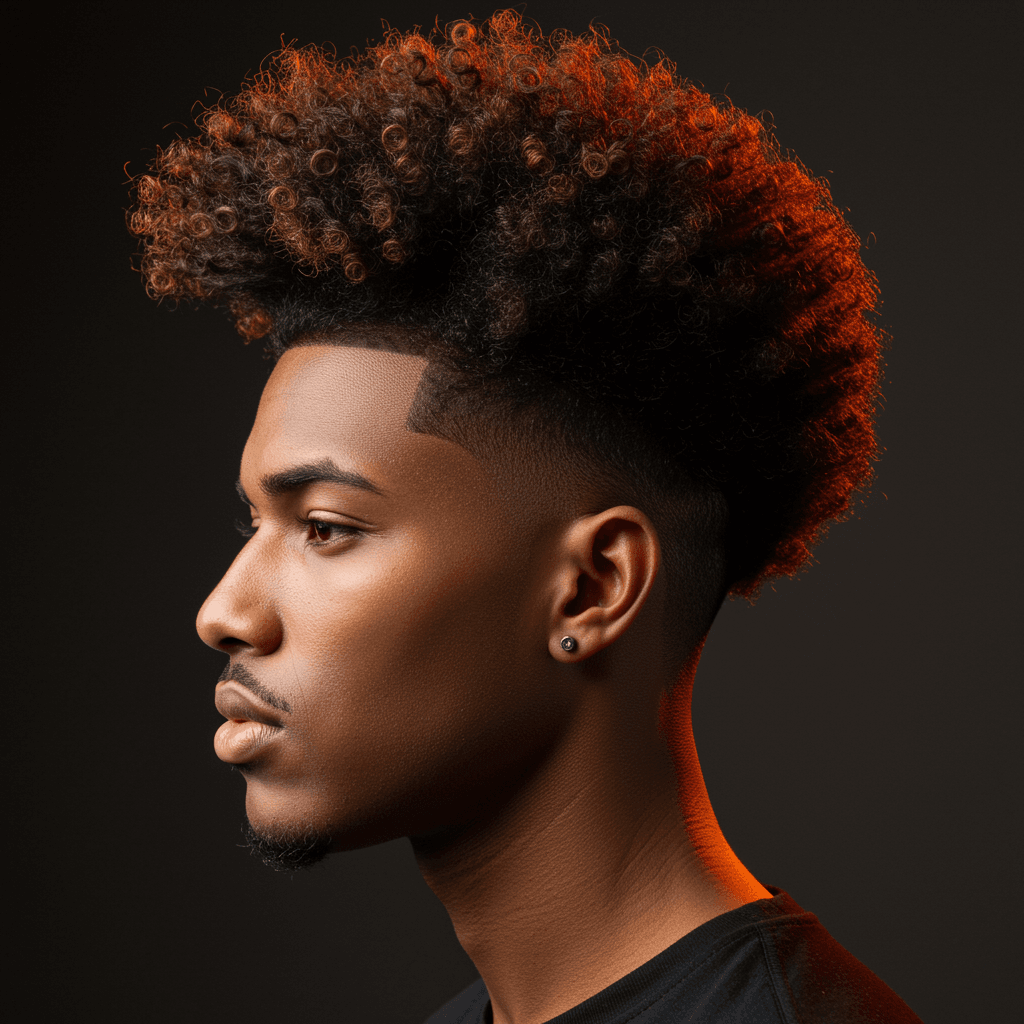 Blowout Taper Fade Haircut For men 4 blowout taper fade haircut on curly hair, featuring a clean, tapered fade on the sides and back, with voluminous, textured curls styled into a blown-out look on top.
