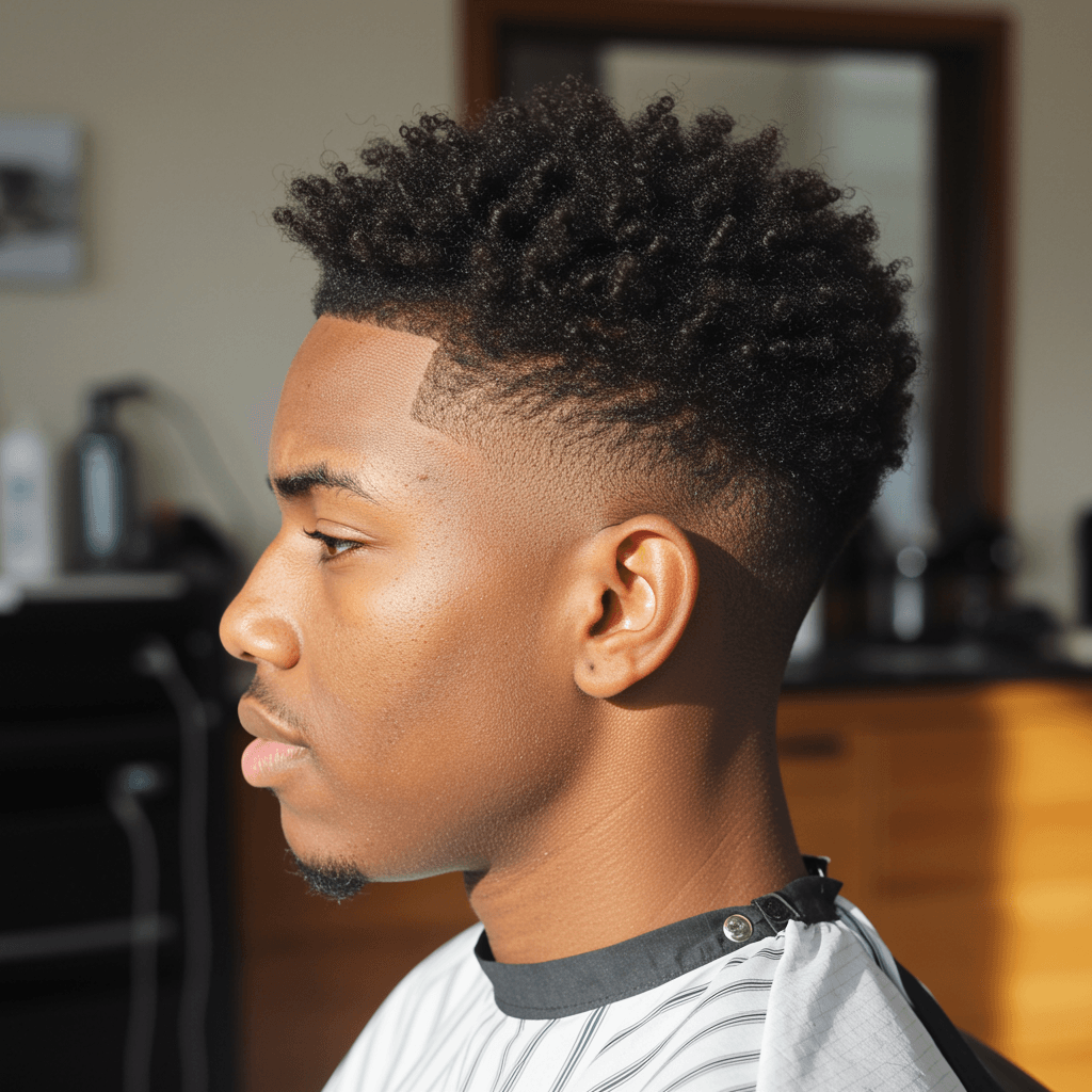 Popular Hairstyle Burst Fade Mullet for Men 4 A man with curly hair styled in a burst fade mullet, highlighting the dramatic fade around the ears and the voluminous curls on top and at the back.