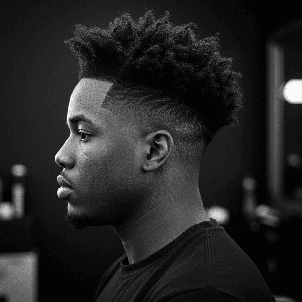 40 Perfect Low Taper Fade Haircuts For Men 13 A stylish taper fade with a curly frohawk, showcasing a sharp taper fade on the sides and back, paired with voluminous, curly hair styled into a bold frohawk on top for a unique and eye-catching look.