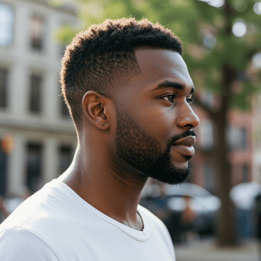 40 Perfect Low Taper Fade Haircuts For Men 19 A stylish low taper afro haircut, showcasing a gradual taper on the sides and back that blends seamlessly into a full, voluminous afro on top for a natural and bold look.