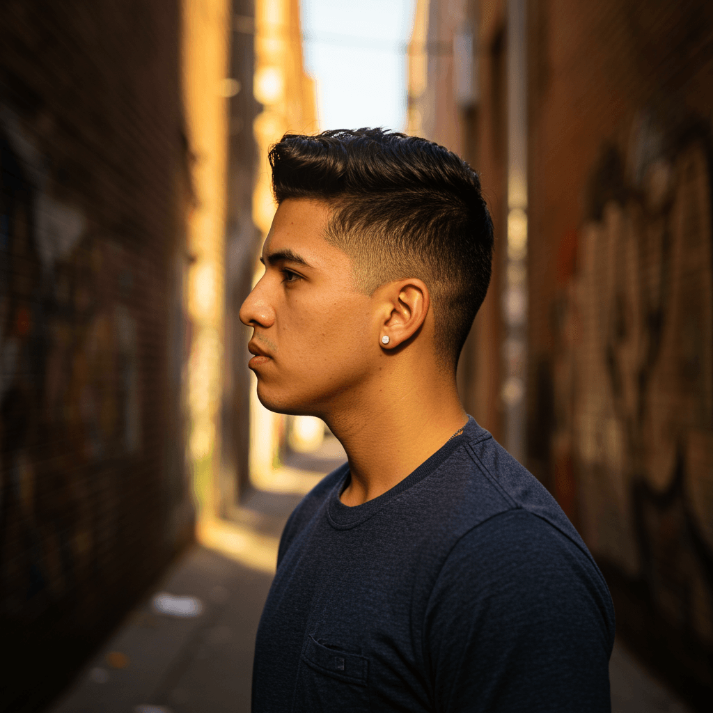 40 Perfect Low Taper Fade Haircuts For Men 5 A man with a low taper burst fade, showcasing a clean, gradual taper on the sides and back with a rounded, curved fade around the ears for a bold, modern look.