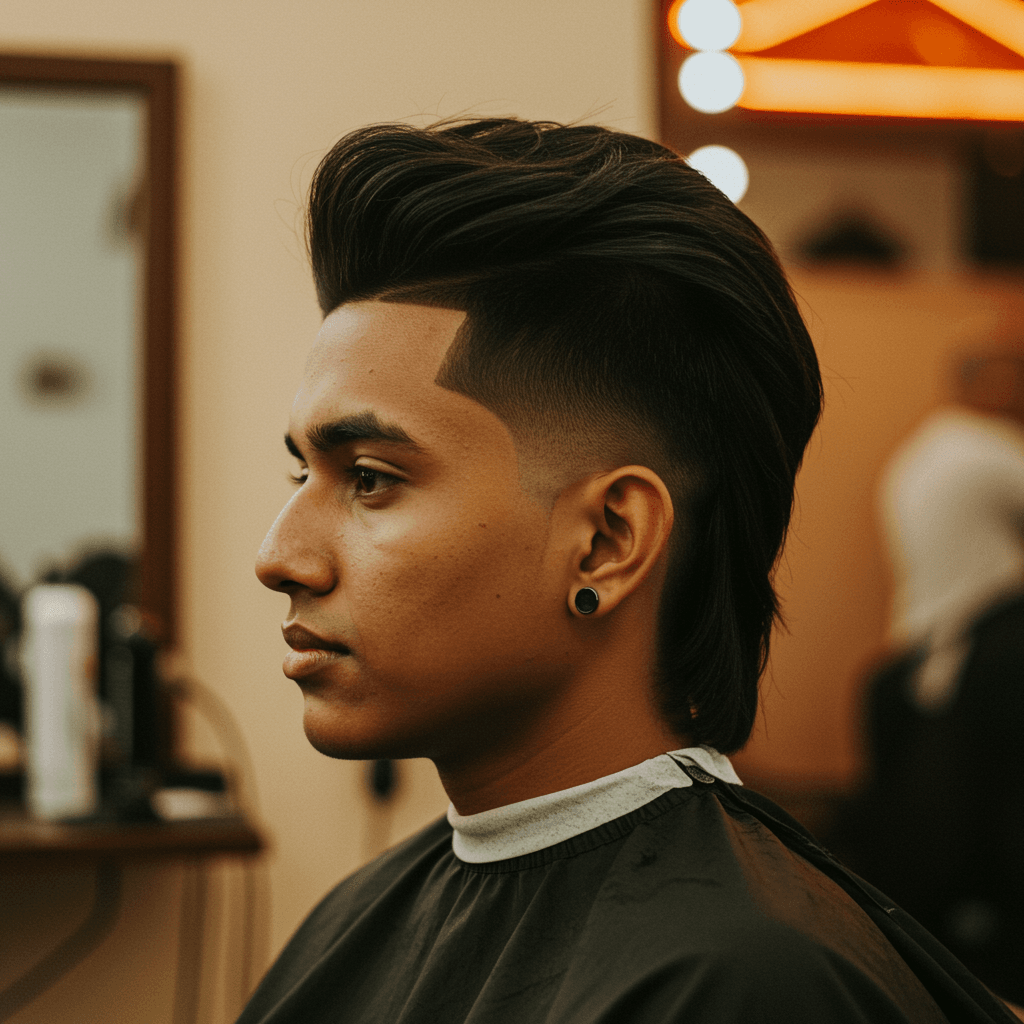 Popular Hairstyle Burst Fade Mullet for Men 5 A man with straight hair styled in a burst fade mullet, featuring a sharp fade around the ears and sleek, longer hair on top and at the back.