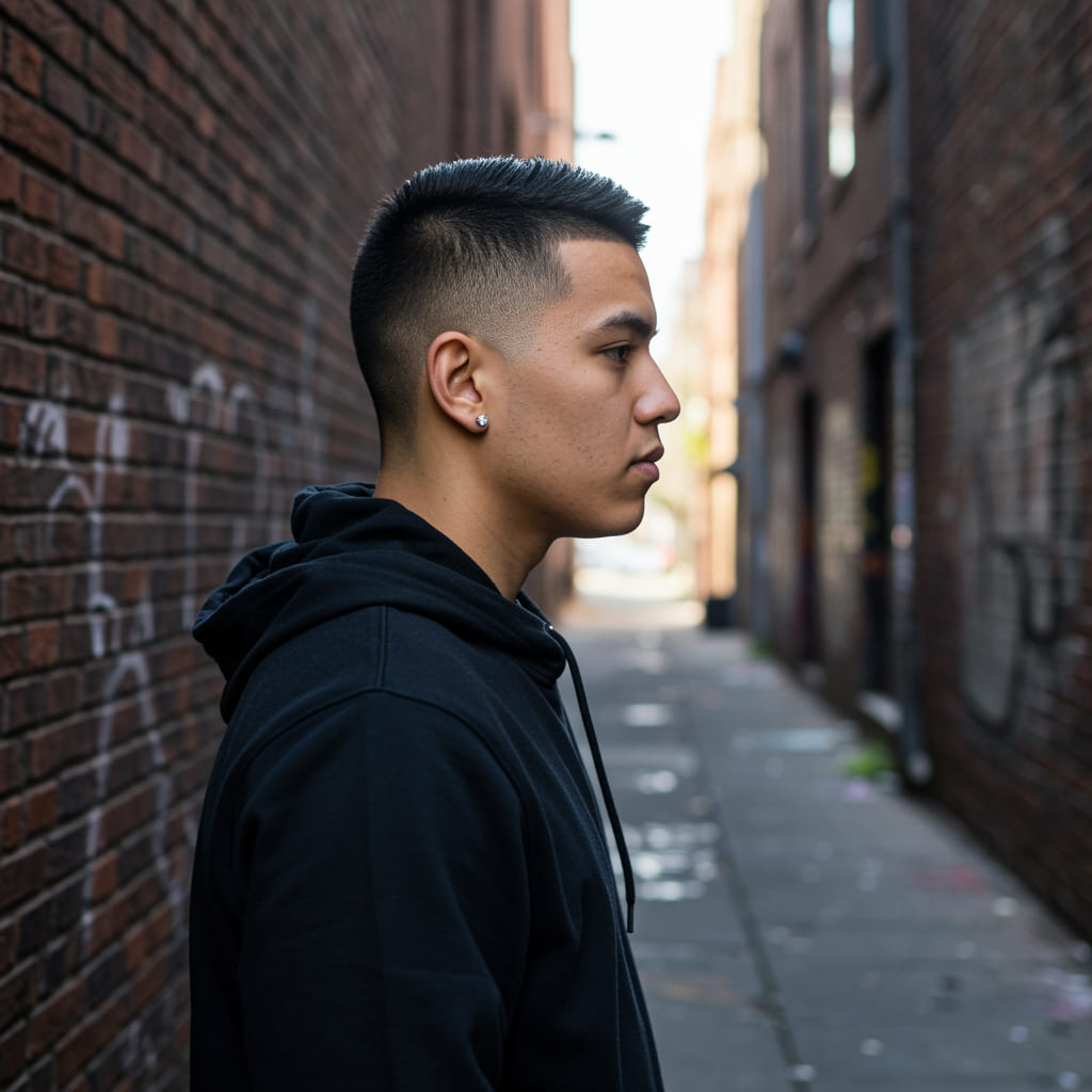 40 Perfect Low Taper Fade Haircuts For Men 41 A bold taper fade with a bald fade, showcasing a gradual taper that transitions into a completely shaved section on the sides and back, paired with longer hair on top for a striking contrast.