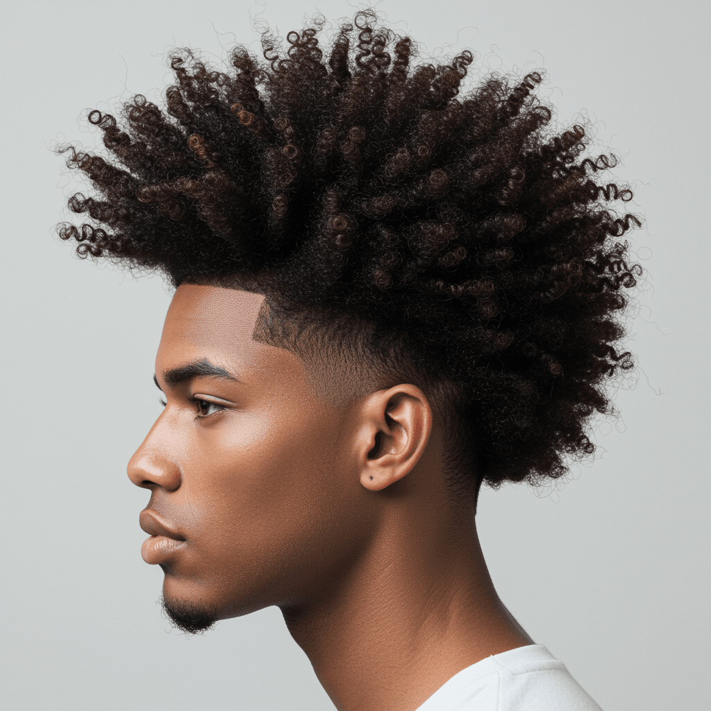 Blowout Taper Fade Haircut For men 3 A trendy blowout taper fade haircut on curly hair, showcasing a clean taper fade on the sides and back, with voluminous, defined curls styled into a blown-out look on top.