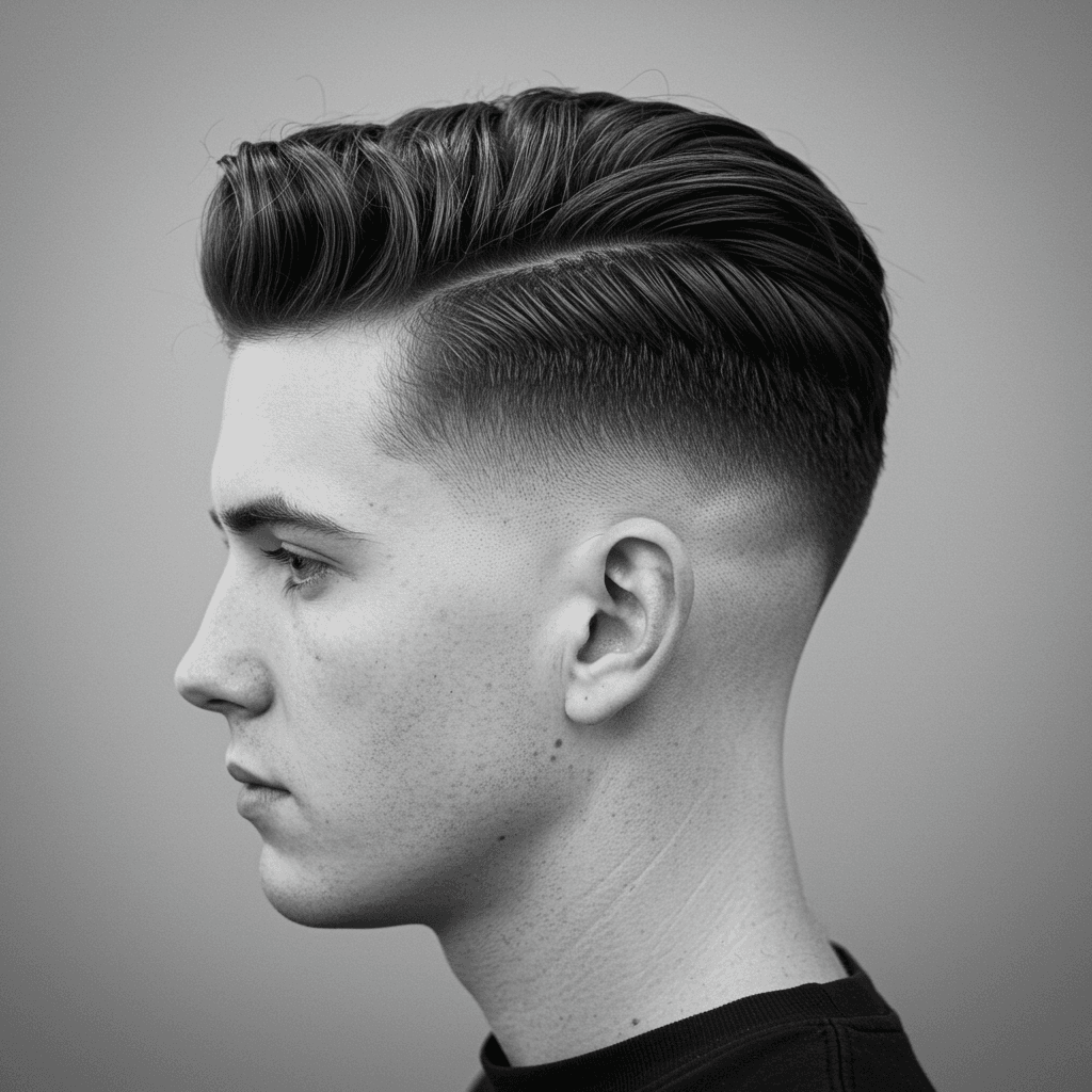 40 Perfect Low Taper Fade Haircuts For Men 2 A man with a low taper fade and intricate design, showcasing a clean, gradual taper on the sides and back with a detailed shaved design for a bold, personalized look.