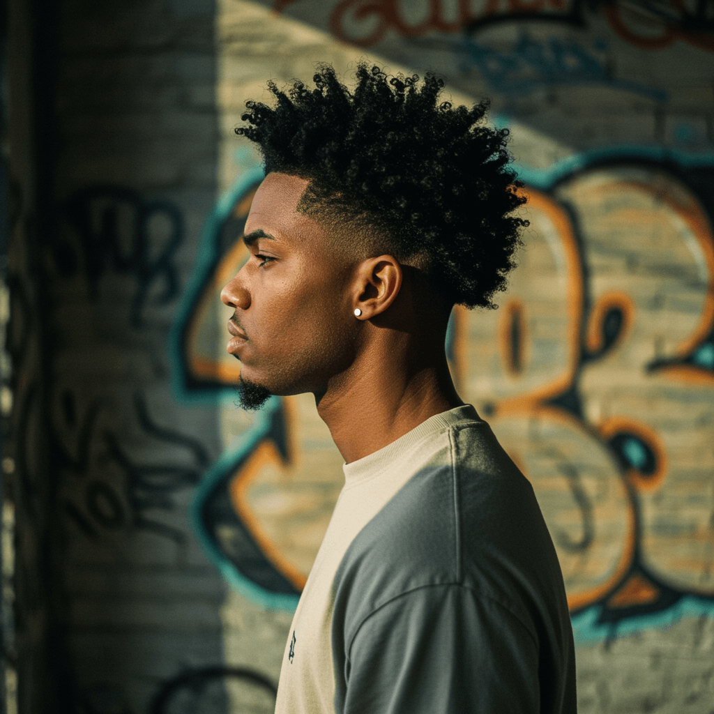 40 Perfect Low Taper Fade Haircuts For Men 32 A men with stylish drop fade haircut, featuring a sharp fade that curves downward behind the ears, paired with textured waves or curls on top for a clean, modern, and culturally inspired look.
