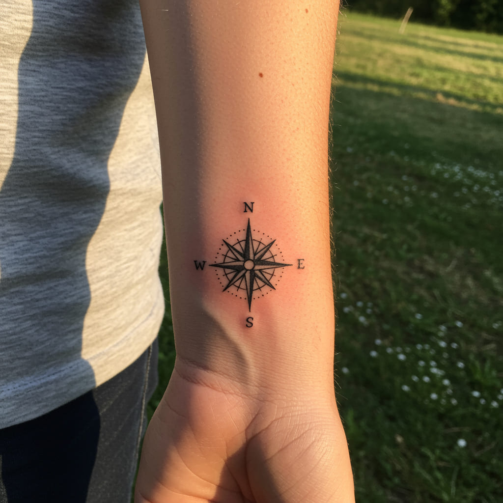 Stylish Forearm Tattoos For Men 2025 13 A small, minimalist compass tattoo on a man's wrist, featuring clean lines and subtle shading, symbolizing guidance, direction, and adventure.