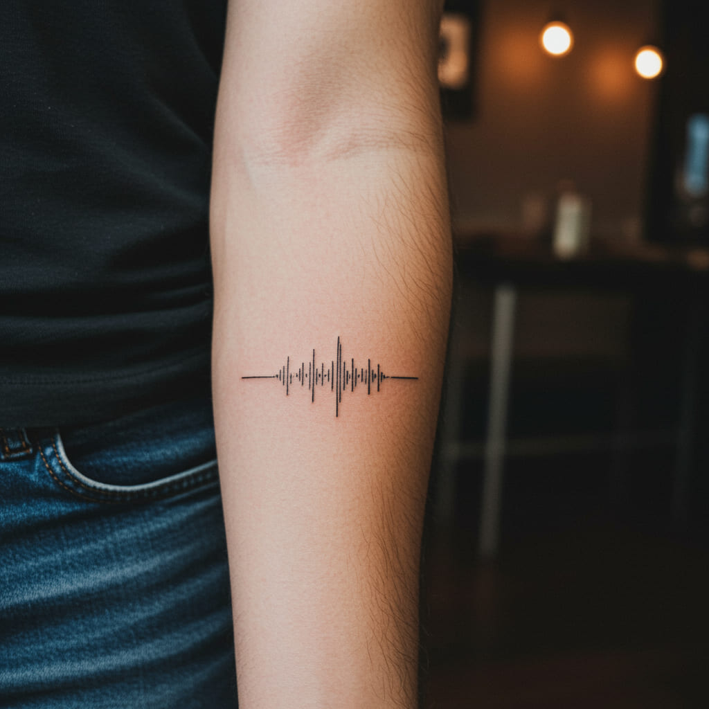 Stylish Forearm Tattoos For Men 2025 12 A small, minimalist heartbeat line tattoo on a man's wrist, featuring a simple yet impactful design with a music note incorporated, symbolizing life, passion, and love for music.
