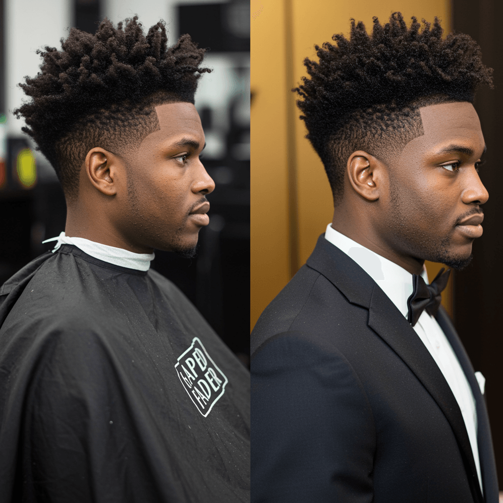 10 Perfect Afro Taper Fade Haircut For Men 3 A man with a taper fade Afro featuring twisted curls on top and a clean, tapered fade on the sides. The textured twists add a unique and artistic touch to the look.