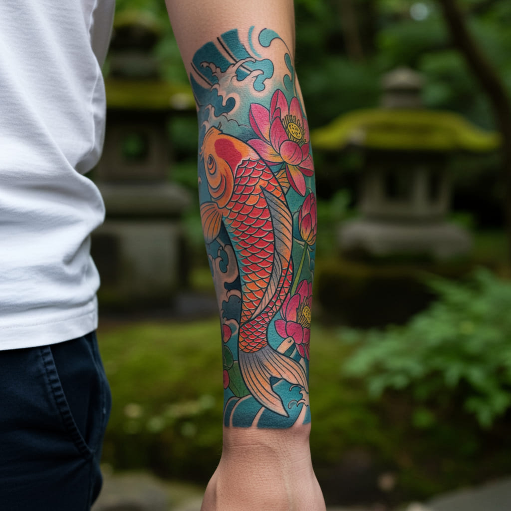 Stylish Forearm Tattoos For Men 2025 7 A vibrant koi fish tattoo on the outer forearm, featuring detailed scales, flowing water elements, and bright orange and blue colors, symbolizing perseverance, transformation, and good fortune.