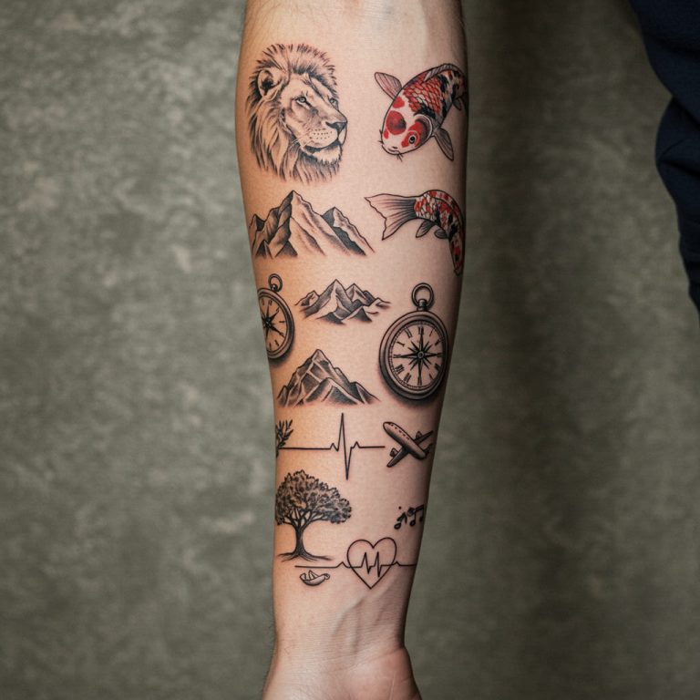 Stylish Forearm Tattoos For Men 2025 22 Forearm Tattoos For Men, A realistic male forearm featuring a collection of diverse tattoo designs, including a bold lion, minimalist mountains, vibrant koi fish, small compass, detailed clock, delicate tree, heartbeat with music note, and small airplane, showcasing a mix of black-and-gray and colorful ink styles with detailed shading and clean lines.