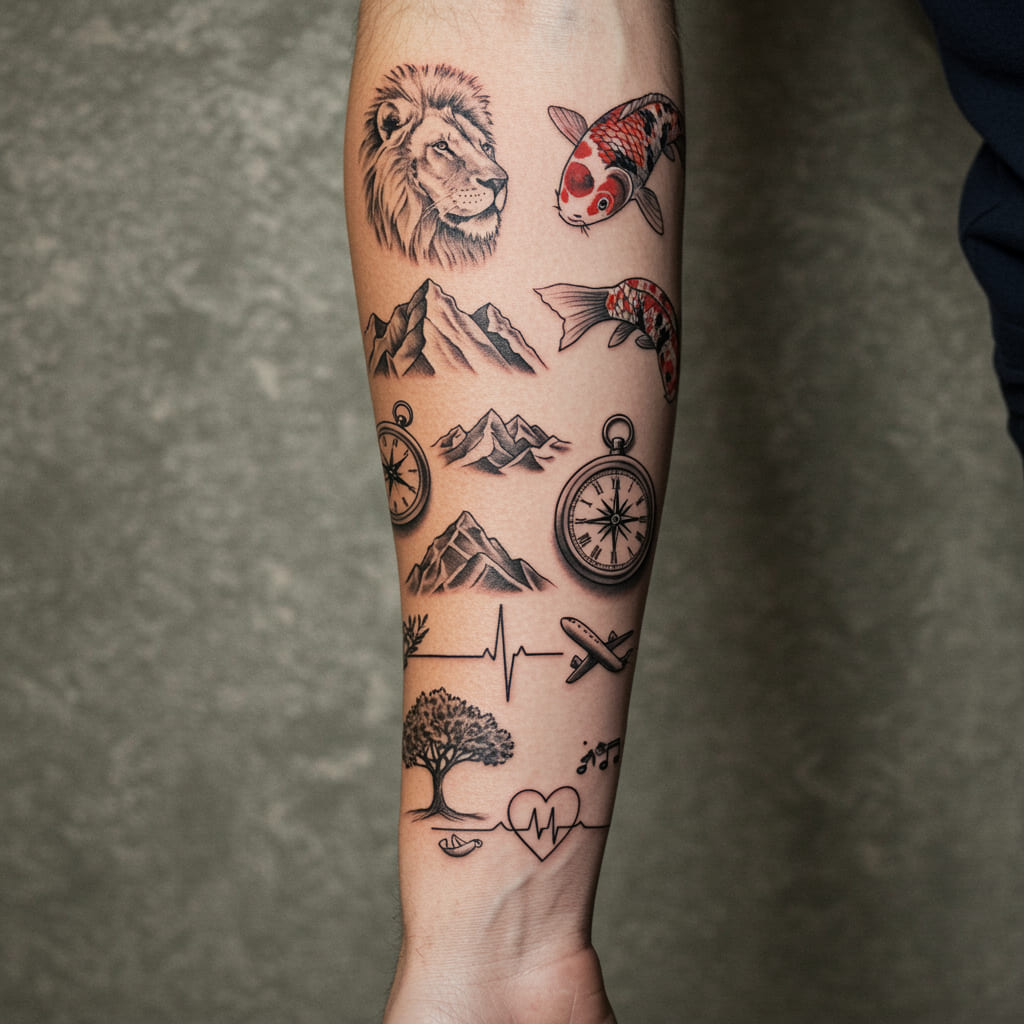 Stylish Forearm Tattoos For Men 2025 1 Forearm Tattoos For Men, A realistic male forearm featuring a collection of diverse tattoo designs, including a bold lion, minimalist mountains, vibrant koi fish, small compass, detailed clock, delicate tree, heartbeat with music note, and small airplane, showcasing a mix of black-and-gray and colorful ink styles with detailed shading and clean lines.