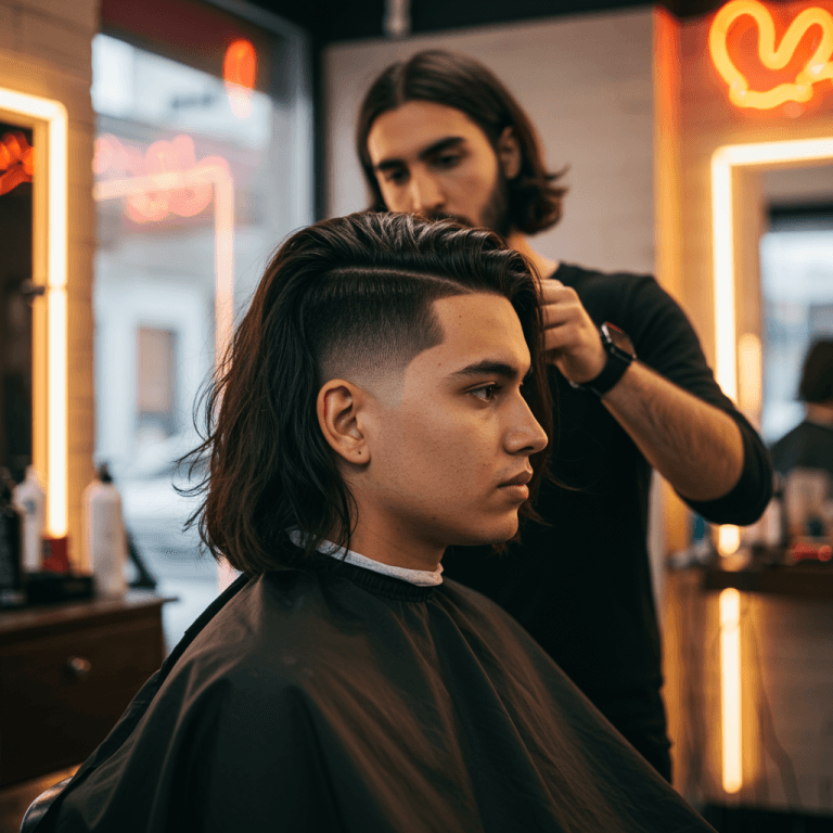 8 Perfect Long Hair Taper Fade Haircuts Ideas 11 A stylish man with long hair on top styled in a taper fade, showcasing a seamless blend of voluminous hair and a clean, tapered fade on the sides and back. The contrast highlights the modern and edgy appeal of the long hair taper fade haircut.