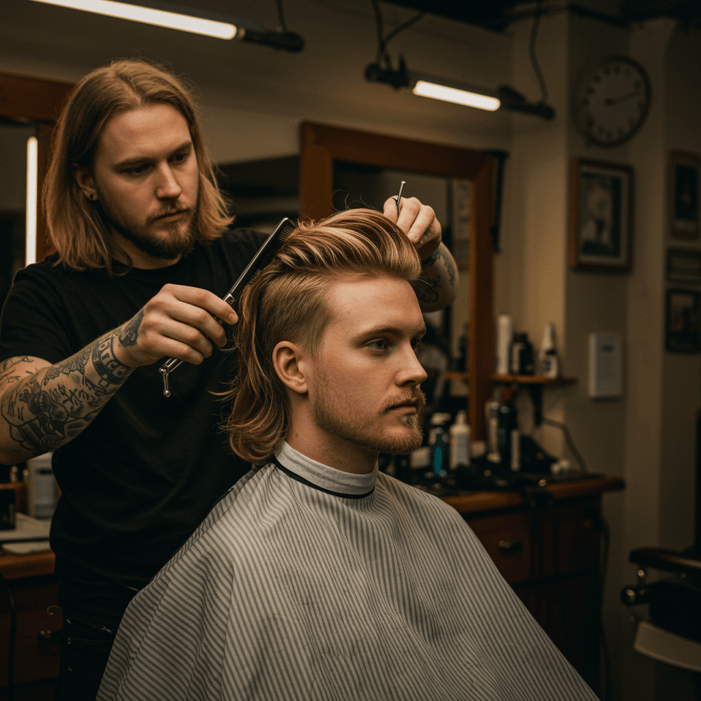 8 Perfect Long Hair Taper Fade Haircuts Ideas 3 A man with straight long hair styled in a taper fade, featuring sleek, smooth hair on top and a clean, tapered fade on the sides and back. The sharp contrast between the long, straight hair and the faded sides creates a polished and modern look