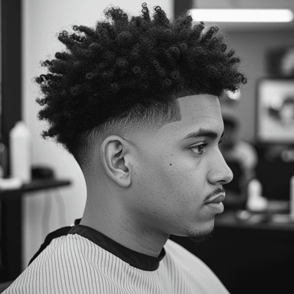 10 Perfect Afro Taper Fade Haircut For Men 5 A man with a mid fade Afro, featuring voluminous curls on top and a clean, tapered fade starting around the temples. The balanced contrast creates a stylish and modern look.