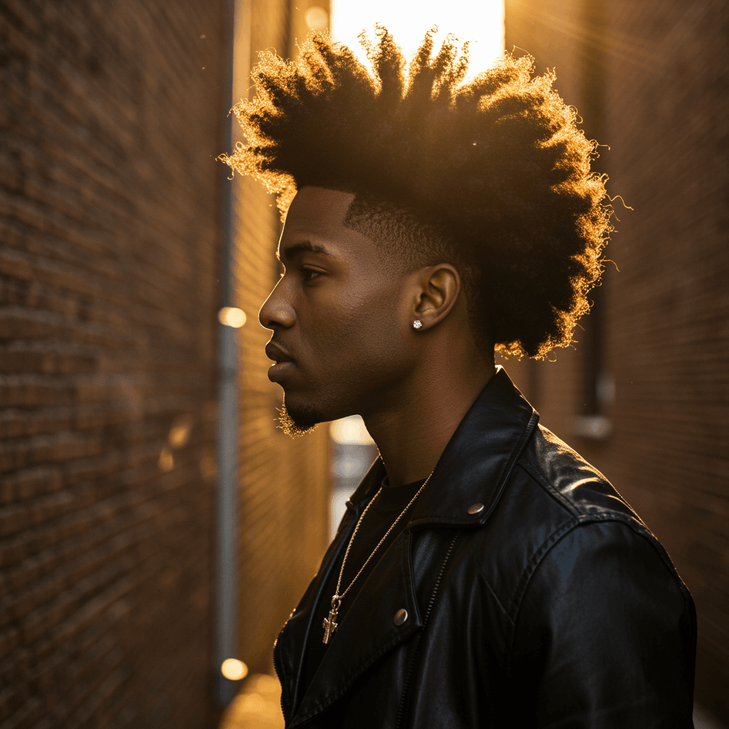 10 Perfect Afro Taper Fade Haircut For Men 2 A man with a blowout Afro taper fade, showcasing voluminous, blown-out curls on top and a sharp, tapered fade on the sides.