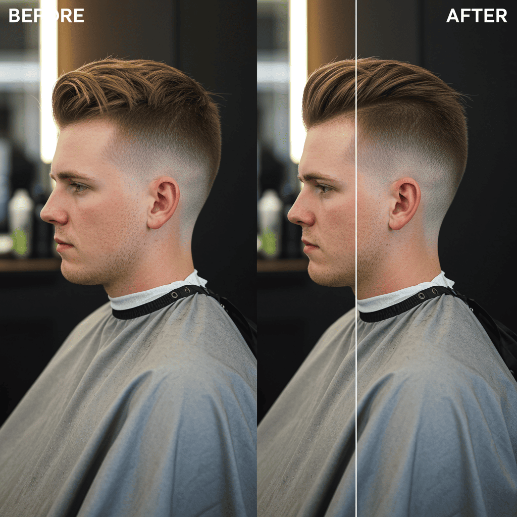 Taper Fade on Sides | Men's Haircut 1 Taper Fade on Sides, Close-up of a men's taper fade haircut showing seamless blending from longer hair on top to gradually shortened sides, with sharp edges and natural texture.