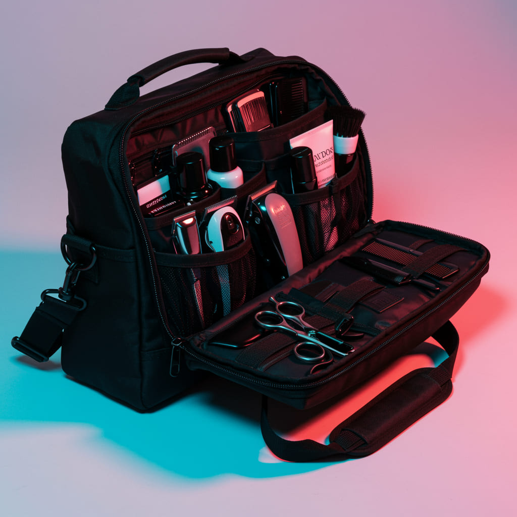 Best Barber Bag | Choose the Perfect One Pro Reviews 4 Premium professional barber bag with multiple compartments, featuring high-end clippers, shears, combs, and grooming products neatly organized in a durable, stylish case.
