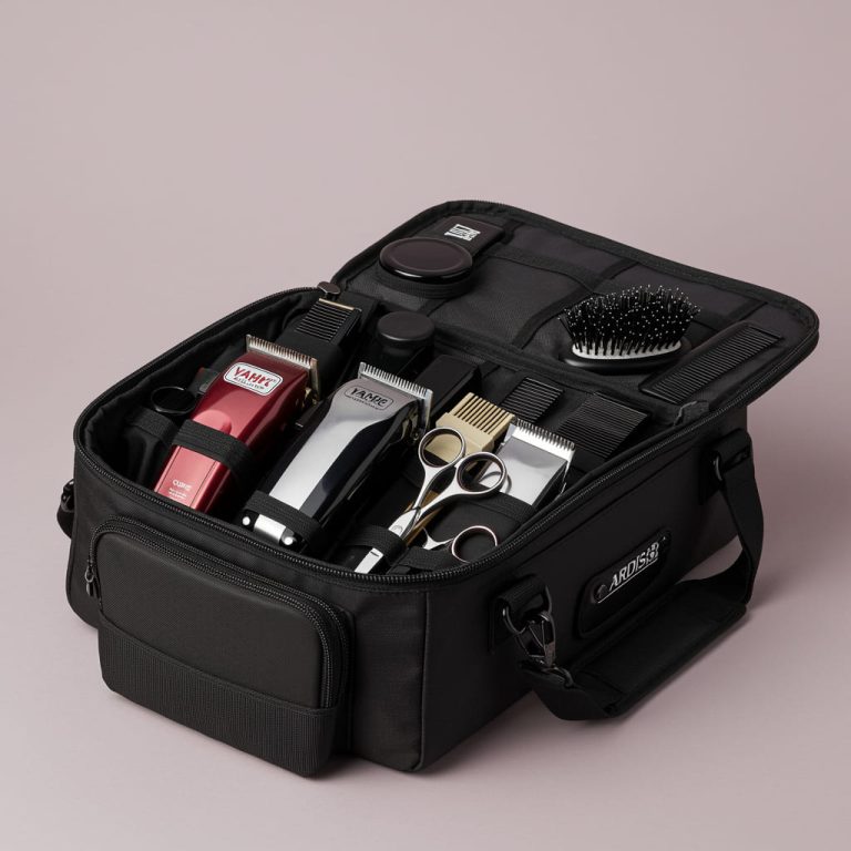Best Barber Bag | Choose the Perfect One Pro Reviews 1 Premium professional barber bag with multiple padded compartments, holding clippers, scissors, combs, and grooming products, designed for organization and portability in barbershops or travel.
