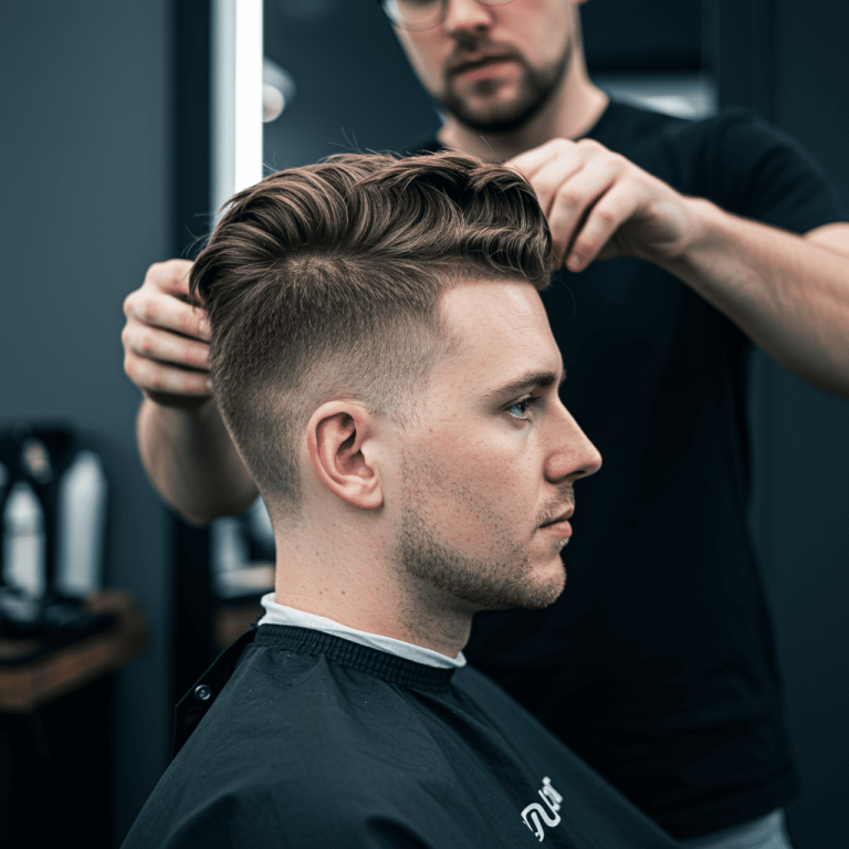 Best 7 Textured Crop Haircuts For men 9 A man with a textured crop haircut, featuring short, faded sides and a textured, tousled top for a modern, stylish, and low-maintenance look.