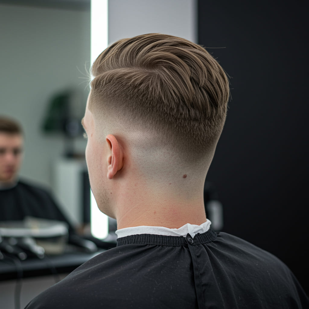 Low Taper Fade Short Hair Haircut for Men in 2025 3 A back view of a man with a low taper fade short haircut, showcasing the clean taper at the nape of the neck and the seamless blend from the top to the sides.