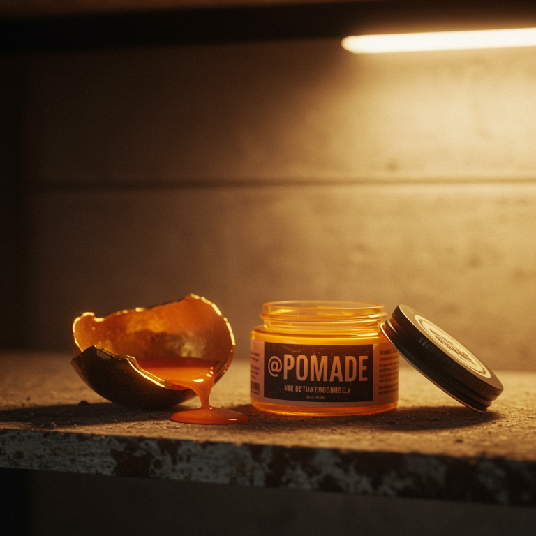 Best Pomade For Men | My Honest Review 2025 4 Premium men's hair pomade jar with sleek packaging placed on a wooden surface, surrounded by grooming tools for a stylish masculine look.