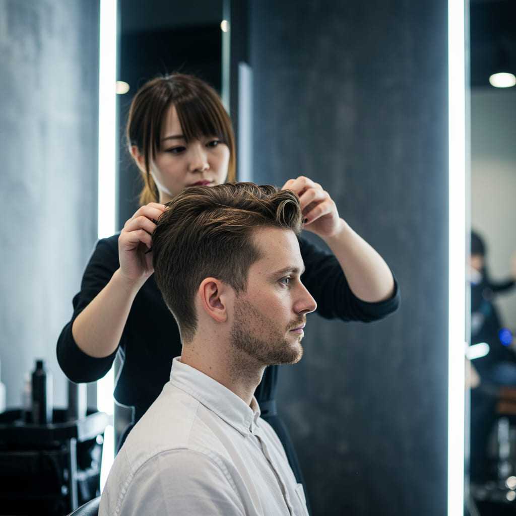 Low Reg Haircut For Men Best Tips And Ideas 4 Professional low reg haircut showing subtle fade starting above the ear, blending seamlessly into longer hair on top for a clean, versatile look.