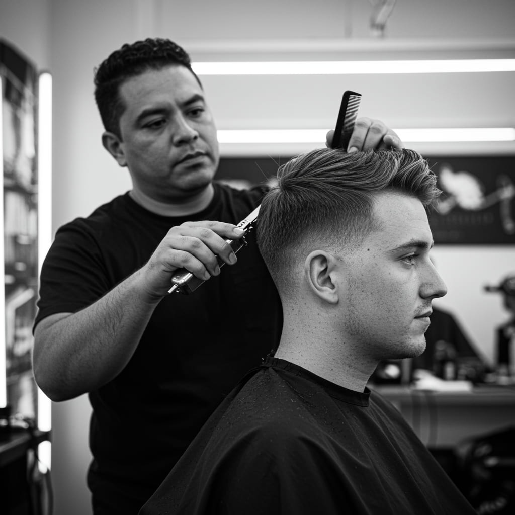 Low Reg Haircut For Men Best Tips And Ideas 6 Stylish high reg haircut with dramatic temple fade, showcasing sharp contrast between shaved sides and voluminous textured top.
