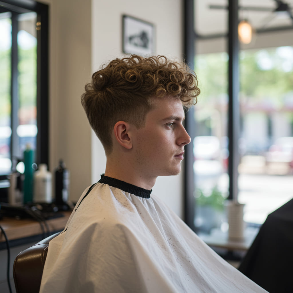 Close side view of a low taper fade blowout on curly hair, showing the gradual fade from skin at the nape to voluminous brushed-out curls at the crown, with sharp hairline detailing.