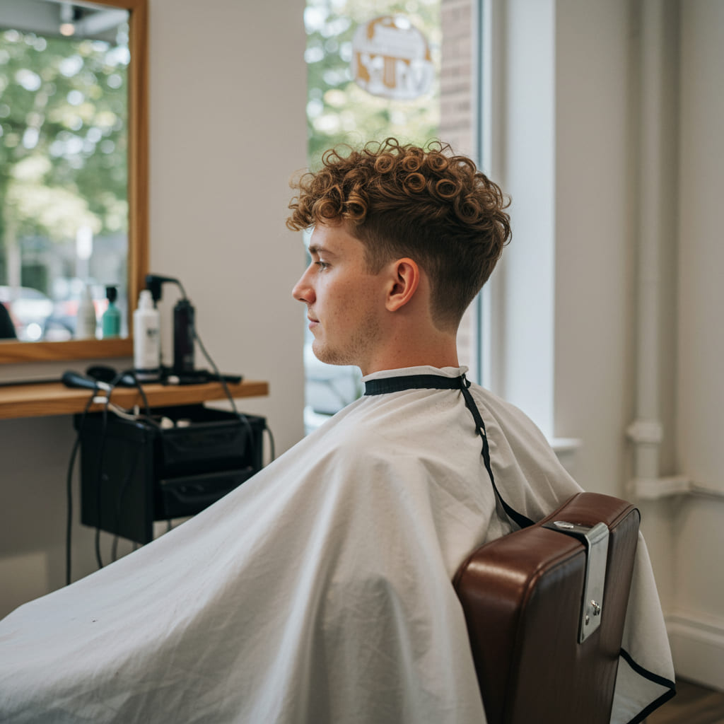 Classic low taper fade blowout on curly hair, showing a seamless fade from skin-tight sides to voluminous curly top, styled outward for maximum volume and sharp contrast.