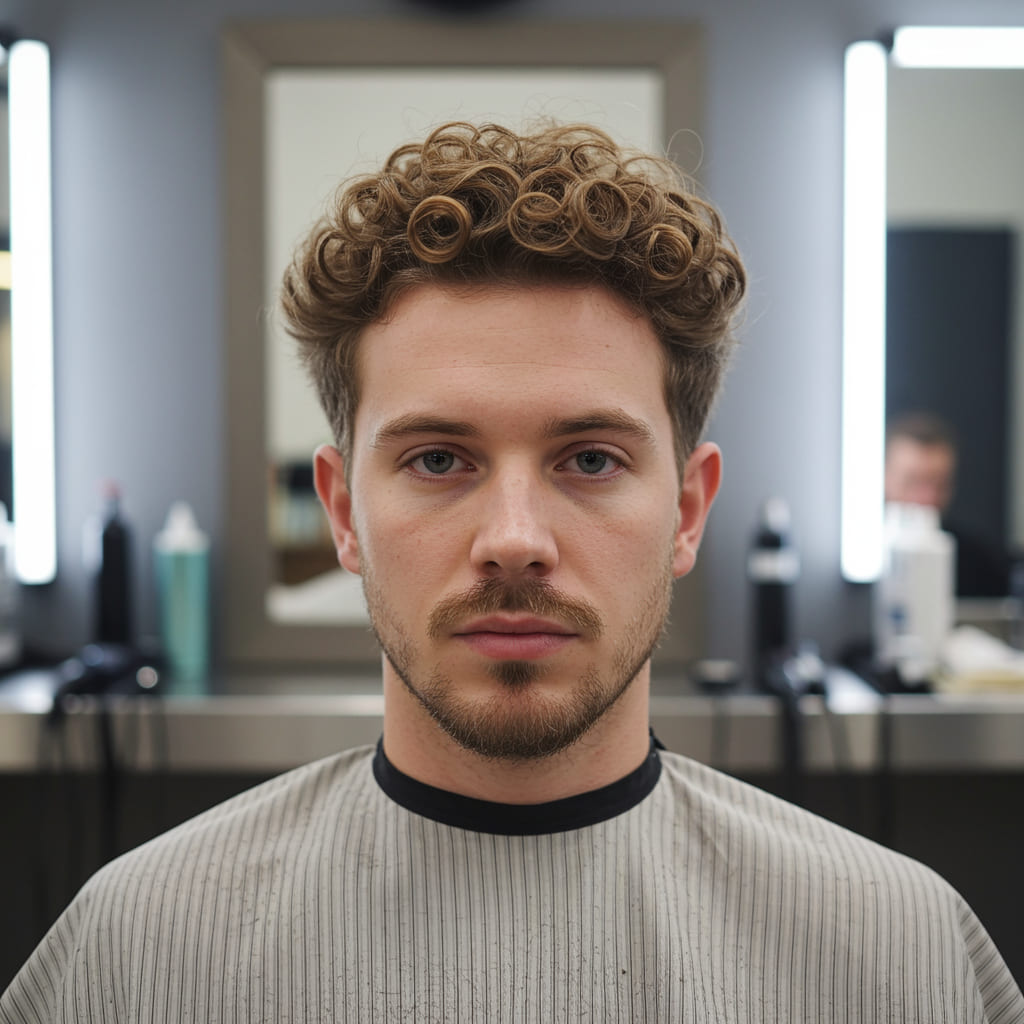 Front view of a blowout low taper fade on curly hair, showcasing a sharp hairline with faded temples leading to voluminous, brushed-out curls styled upward for maximum height and texture.