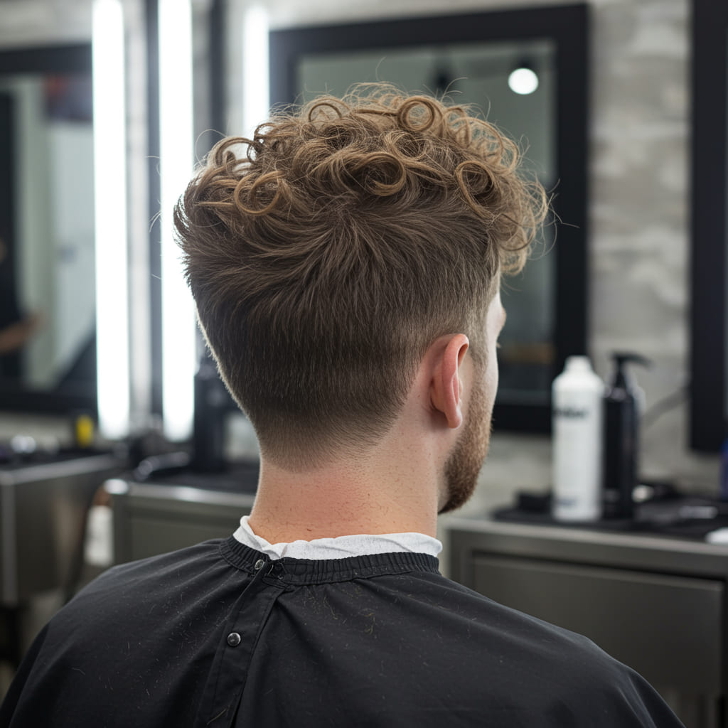 Back view of a blowout low taper fade on curly hair, showing a skin-to-curly transition from the nape to the crown, with perfectly blended fade lines and voluminous brushed-out curls at the top.
