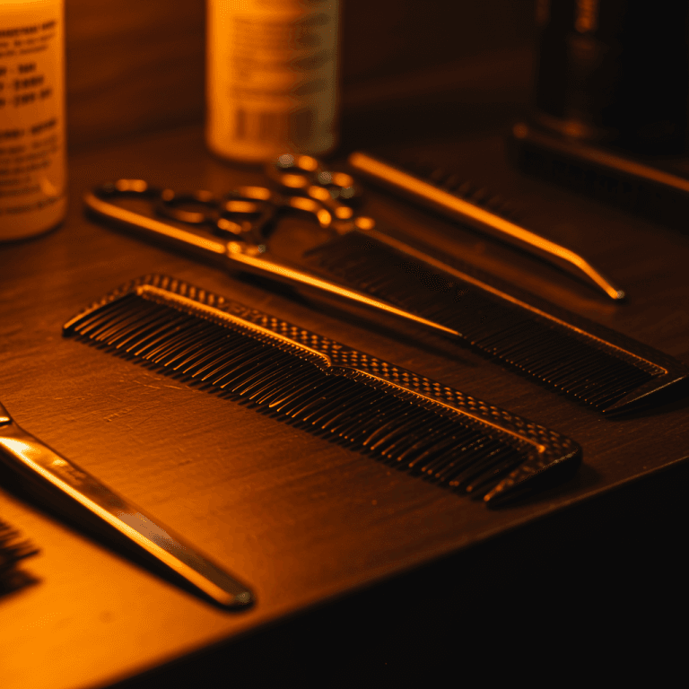 Best Hair Cutting Comb For Men 18 Hair Cutting Comb A professional hair cutting comb and scissors placed neatly on a salon table, ready for use, with a blurred background of a well-organized grooming station.