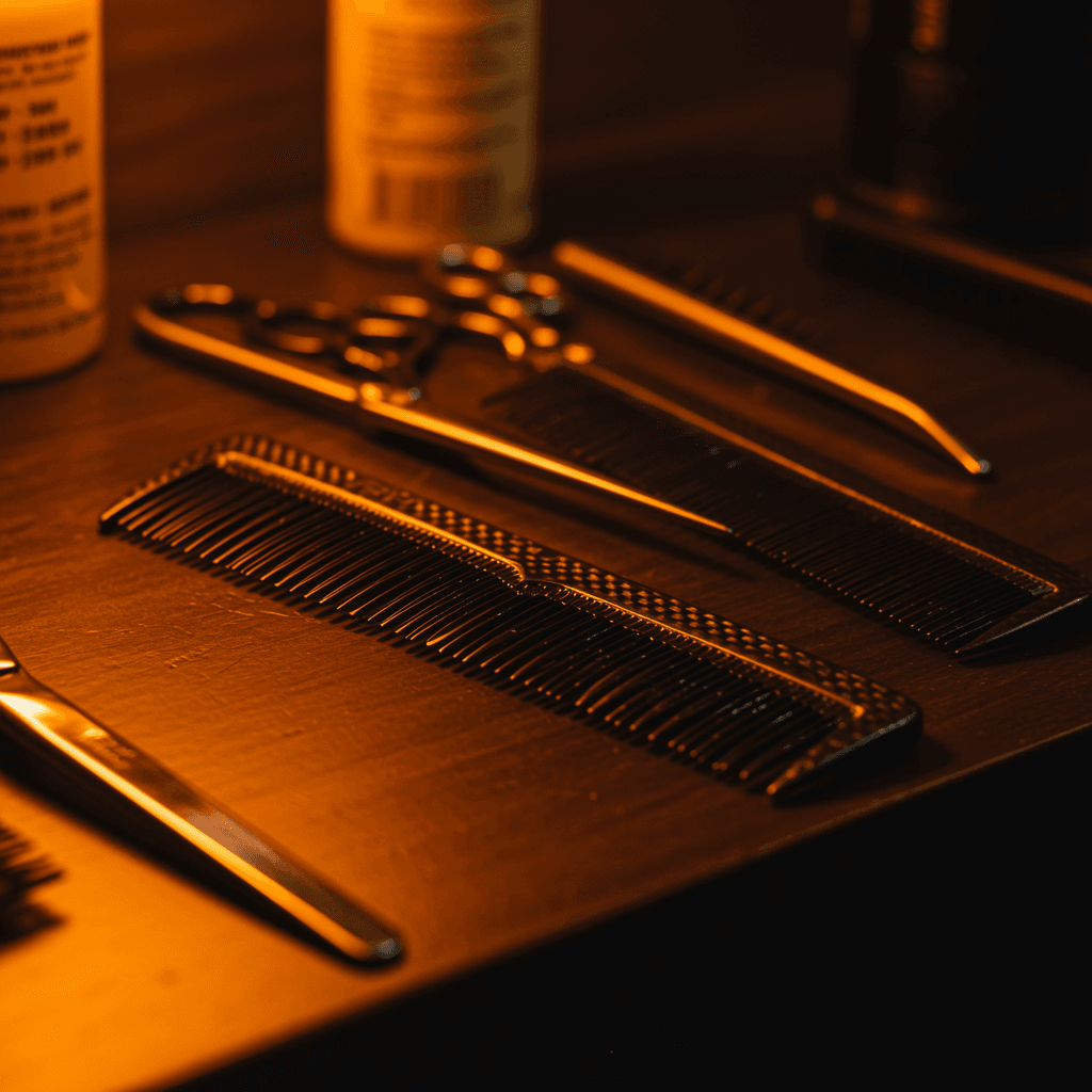 Best Hair Cutting Comb For Men 1 Hair Cutting Comb A professional hair cutting comb and scissors placed neatly on a salon table, ready for use, with a blurred background of a well-organized grooming station.