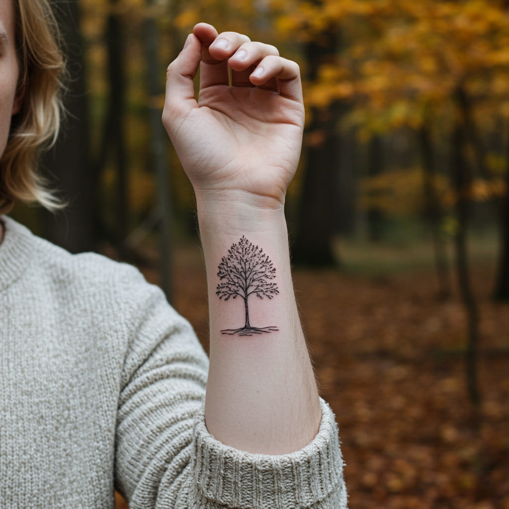 Stylish Forearm Tattoos For Men 2025 8 A minimalist tree tattoo on a man's forearm, featuring clean, single-line art with roots and branches, symbolizing growth, strength, and connection to nature.