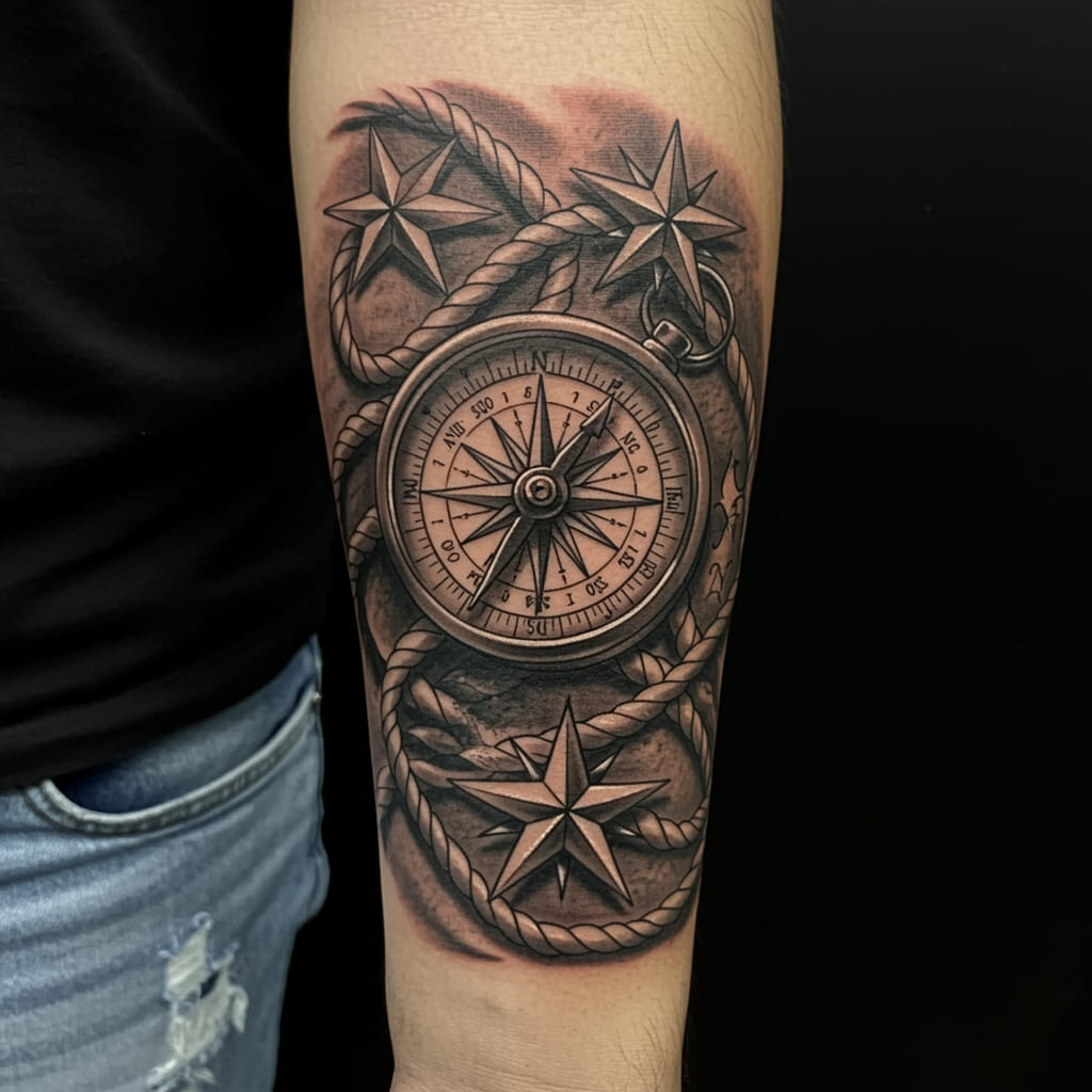 Stylish Forearm Tattoos For Men 2025 10 A realistic clock tattoo on a man's forearm, featuring detailed Roman numerals, intricate clock hands, and a weathered design, symbolizing the importance of time and life's journey.