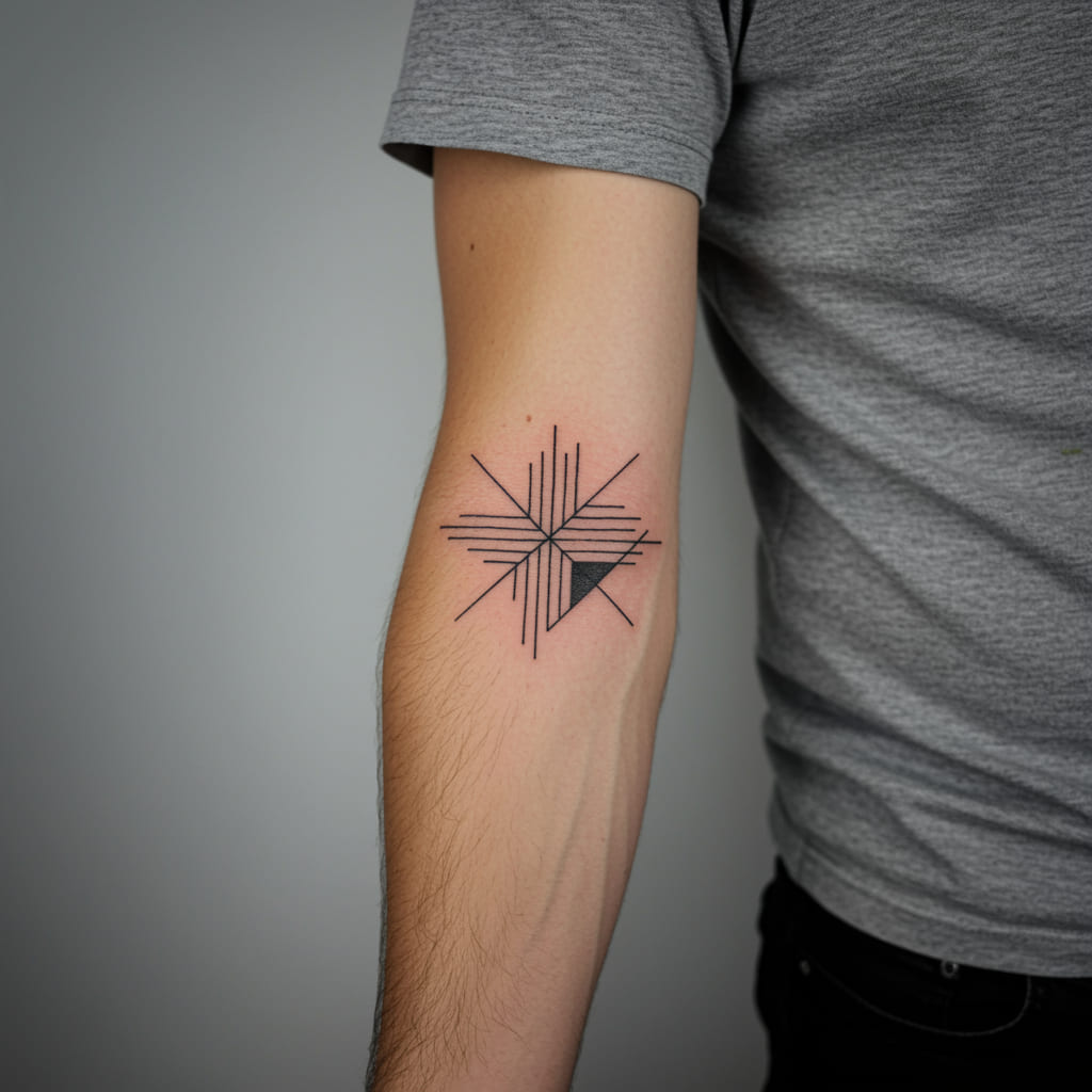 Stylish Forearm Tattoos For Men 2025 9 A collection of simple tattoo designs for men, including minimalist arrows, geometric shapes, small symbols, and single-line art, showcasing clean and understated ink.