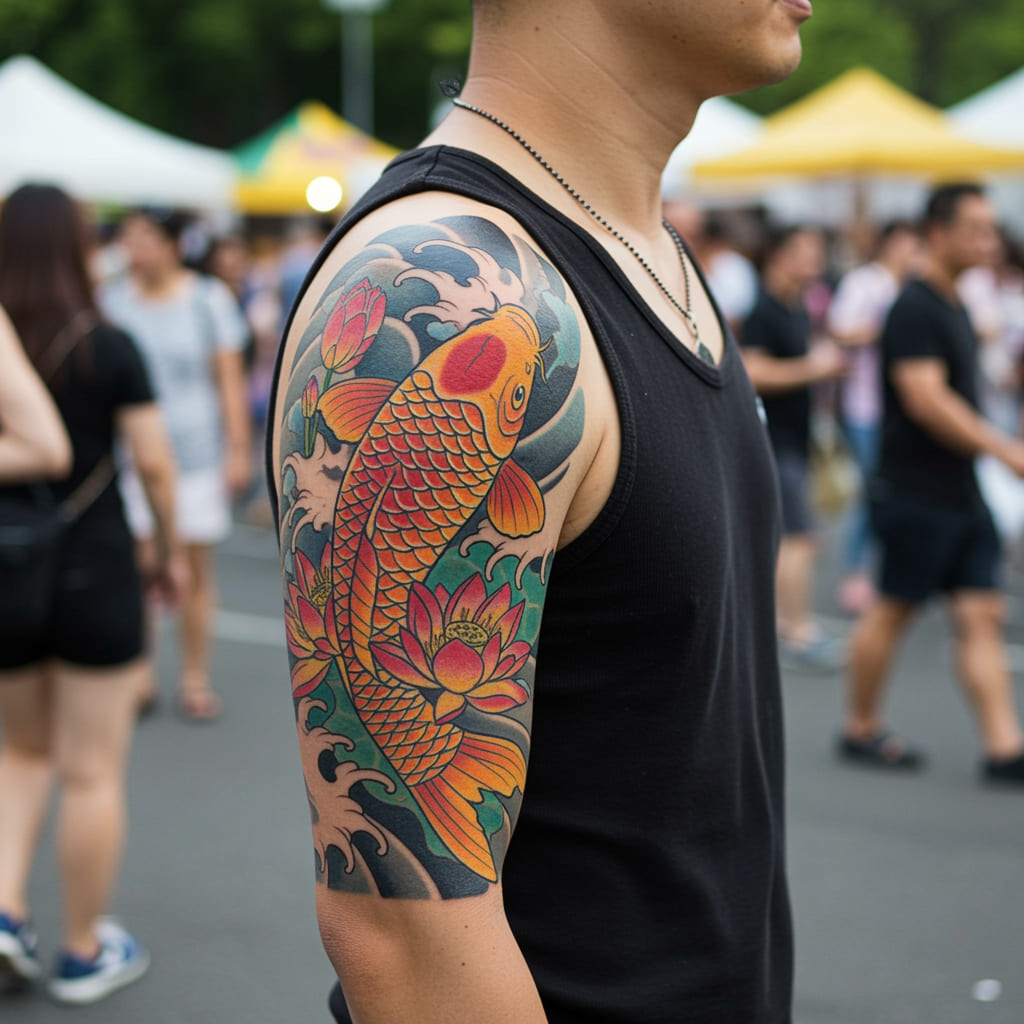 Stylish Forearm Tattoos For Men 2025 5 A vibrant koi fish tattoo on the inner forearm, featuring detailed scales, flowing water elements, and bright orange and blue colors, symbolizing perseverance and good fortune.