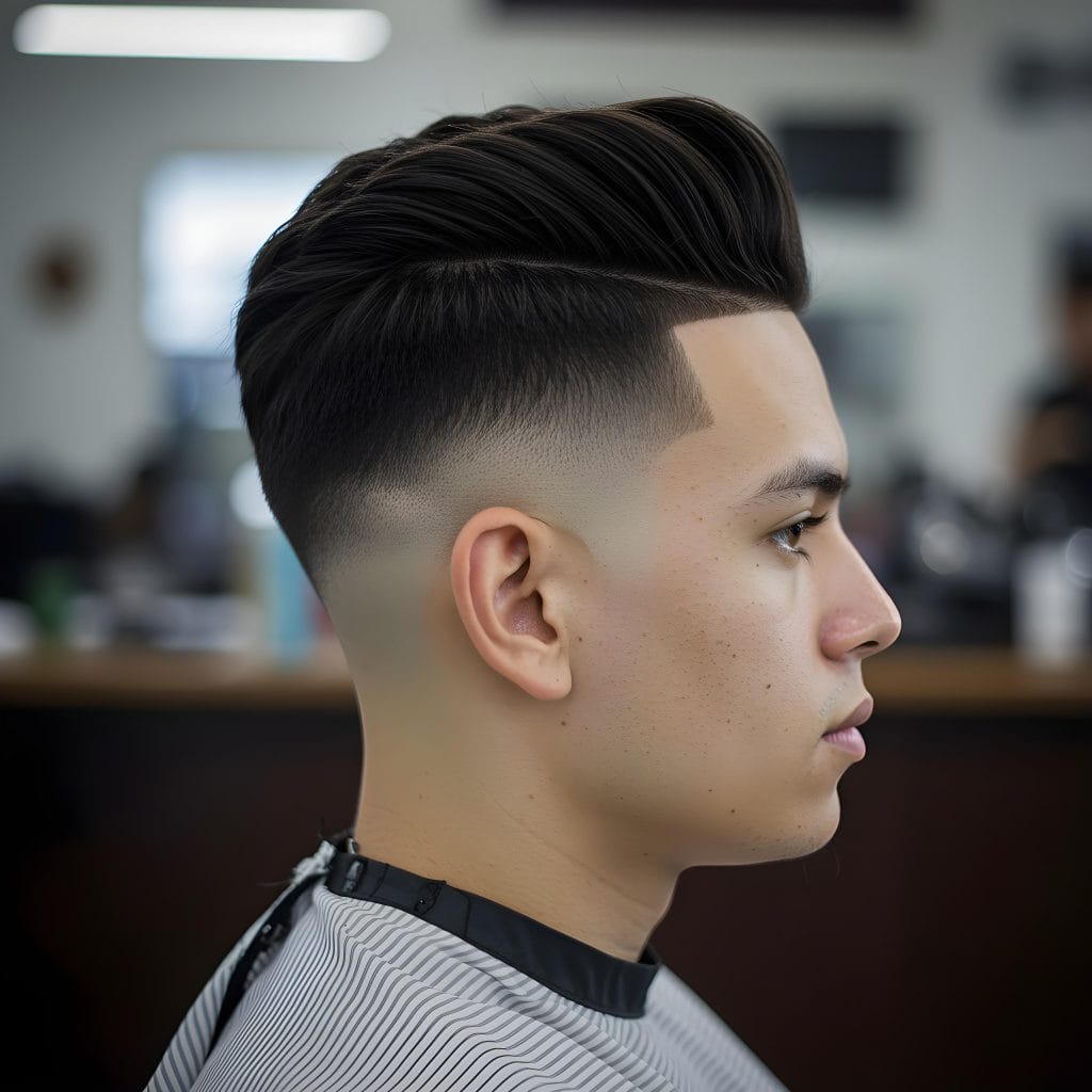 10 Best Ideas High Taper Fade Haircut For men 4 High Taper Fade Straight Hair Man with straight hair styled in a high taper fade, showcasing a sharp fade above the temples and sleek, smooth hair on top.