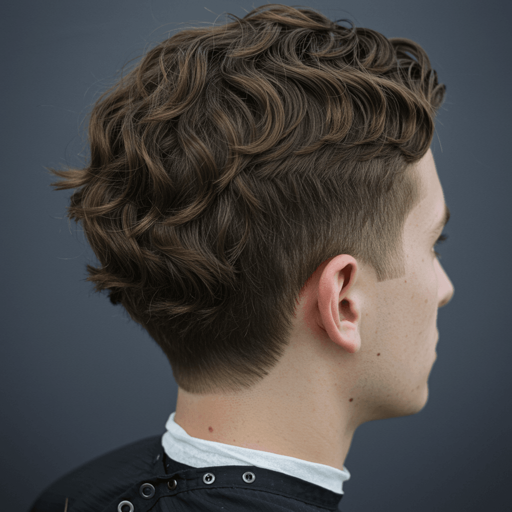 Perfect 5 Low Taper Fade Wavy Hair styles for men 1 A man with a quiff hairstyle and clean low taper fade, featuring voluminous, brushed-up hair on top and a sharp, gradual taper on the sides and back for a bold, modern look.