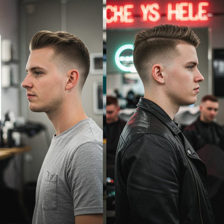 Low Fade Vs High Fade Haircut for men 13 A side by side comparison of a low fade vs high fade haircut on a white man, highlighting the differences in taper placement and style.