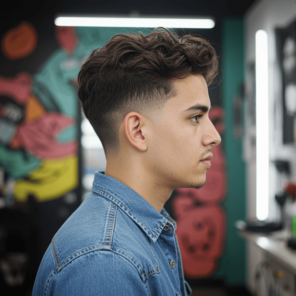 Low Taper Drop Fade Haircut For Men 2025 8 A man with a mid drop fade haircut, showcasing a bold fade that starts around the temples and curves downward behind the ears, paired with textured and voluminous hair on top for a sharp, modern look.