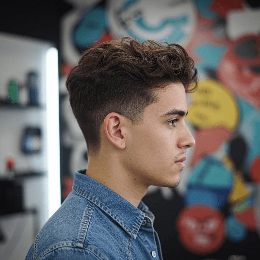 Low Taper Drop Fade Haircut For Men 2025 7 A man showcasing a low drop fade haircut, with a clean and subtle fade starting just above the ears and curving downward behind the ears, paired with neatly styled hair on top for a polished and modern look.