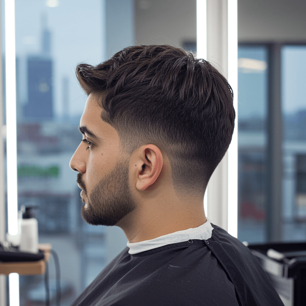40 Perfect Low Taper Fade Haircuts For Men 7 A stylish low taper fade mid fade haircut, showcasing a gradual blend from short hair at the sides and back to slightly longer hair on top, with clean lines and a sharp, modern look.