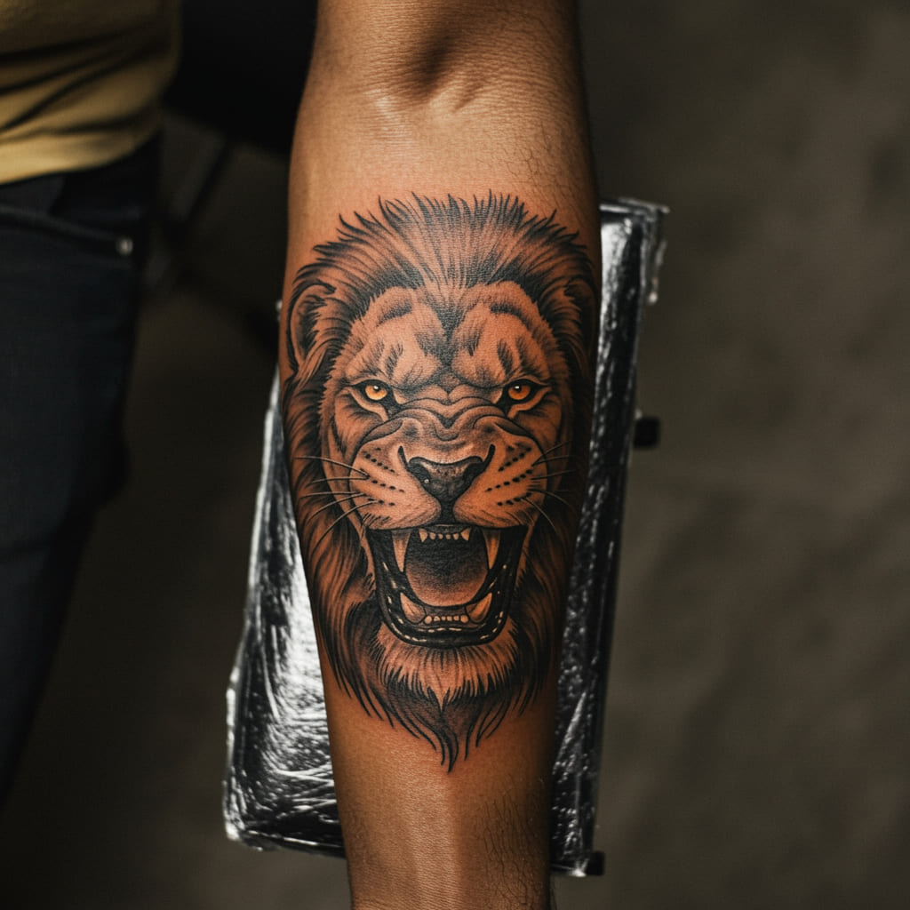 Stylish Forearm Tattoos For Men 2025 2 A close-up of a detailed forearm tattoo featuring a realistic lion design with a geometric background, showcasing intricate shading and bold lines.