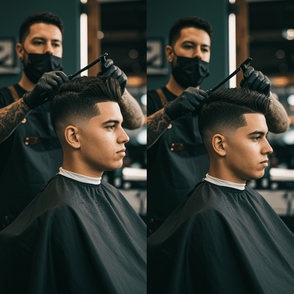 Low Taper Fade Middle Part Haircut For Men 1 Middle part taper fade haircut, showcasing clean tapered sides, a sharp middle part, and voluminous, styled hair on top for a modern and polished look.